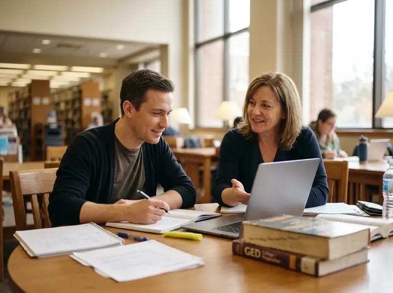 An adult student studying for the GED with a tutor