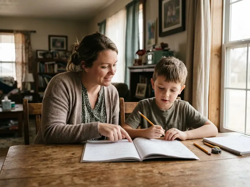 A tutor helping a young boy with his writing