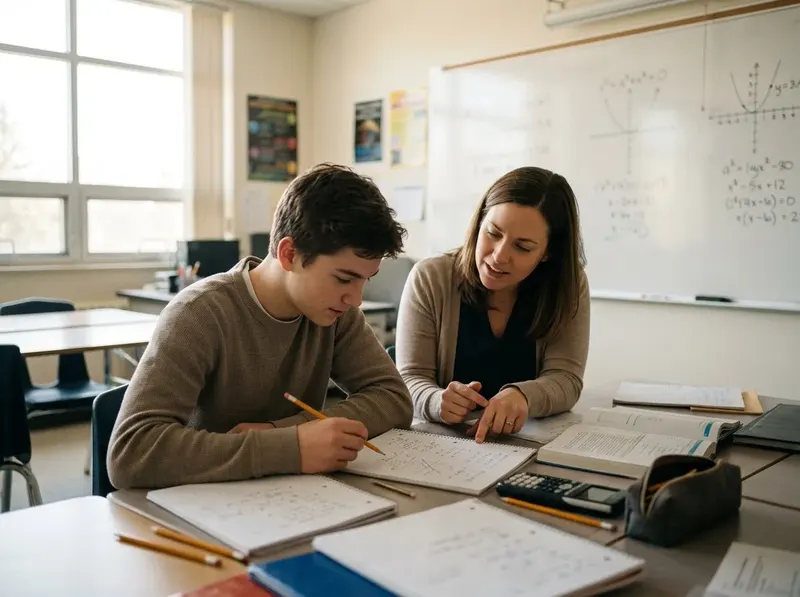 A high school student working through math problems with a tutor