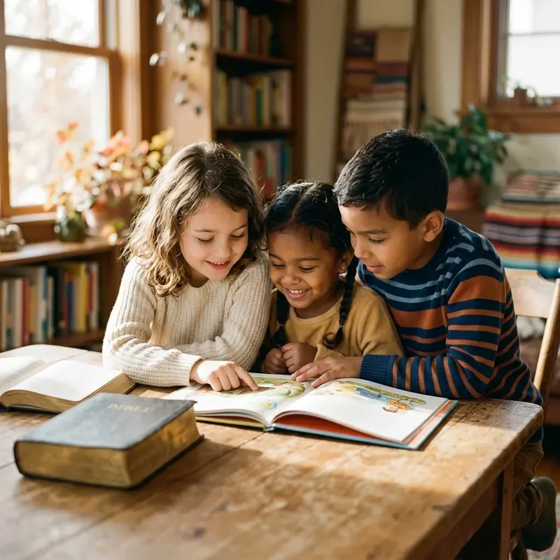 Three children reading a book together at a wooden table
